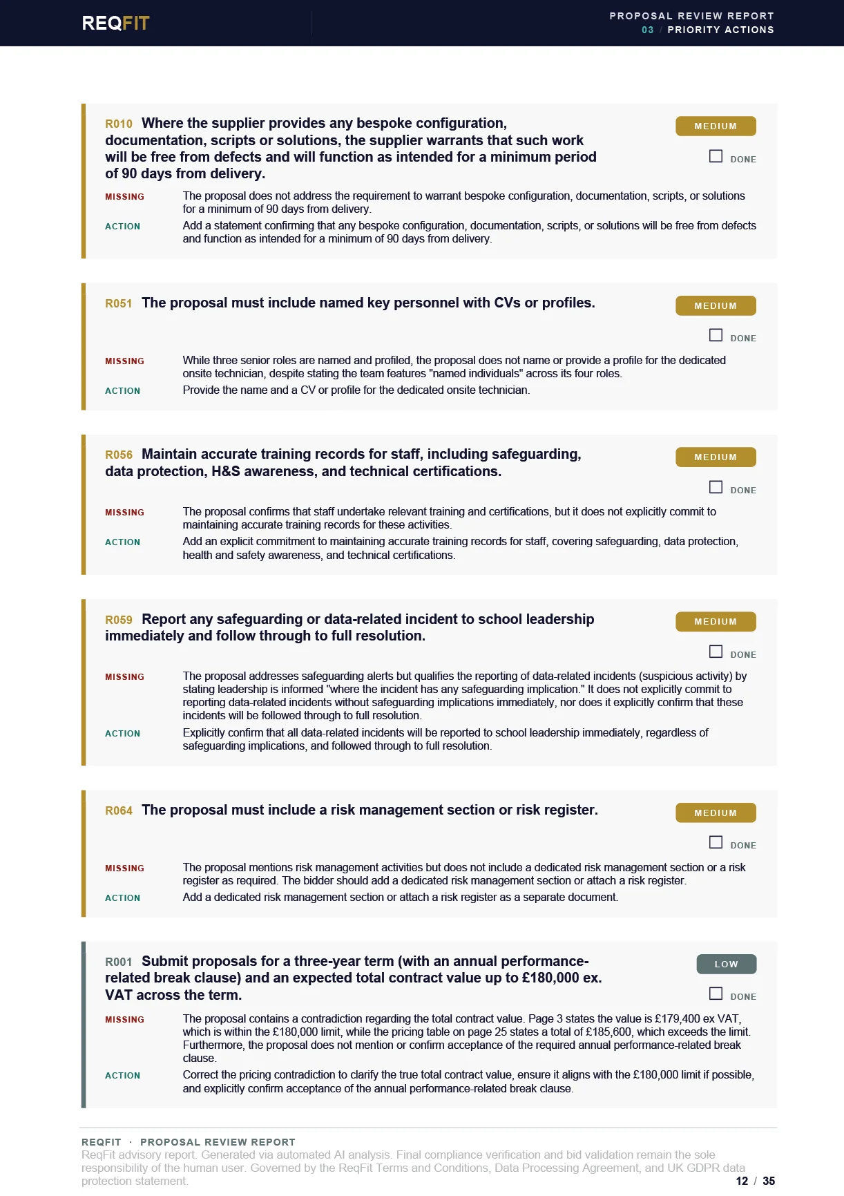 ReqFit report page listing priority fix recommendations