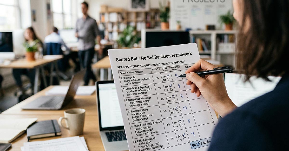 Bid/no-bid scoring framework showing six qualification criteria scored from 1 to 10