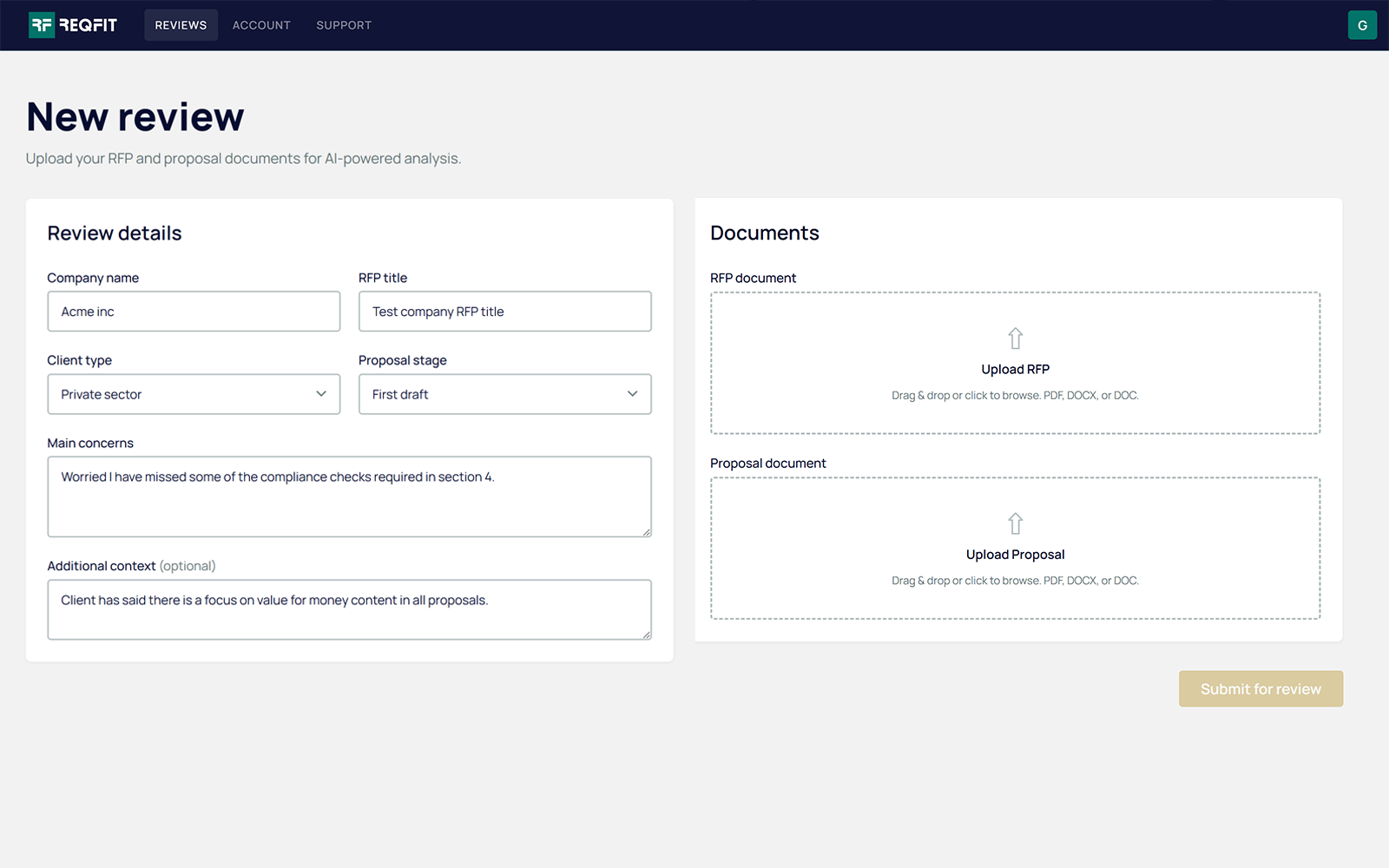 ReqFit upload screen with an RFP and a proposal file selected.