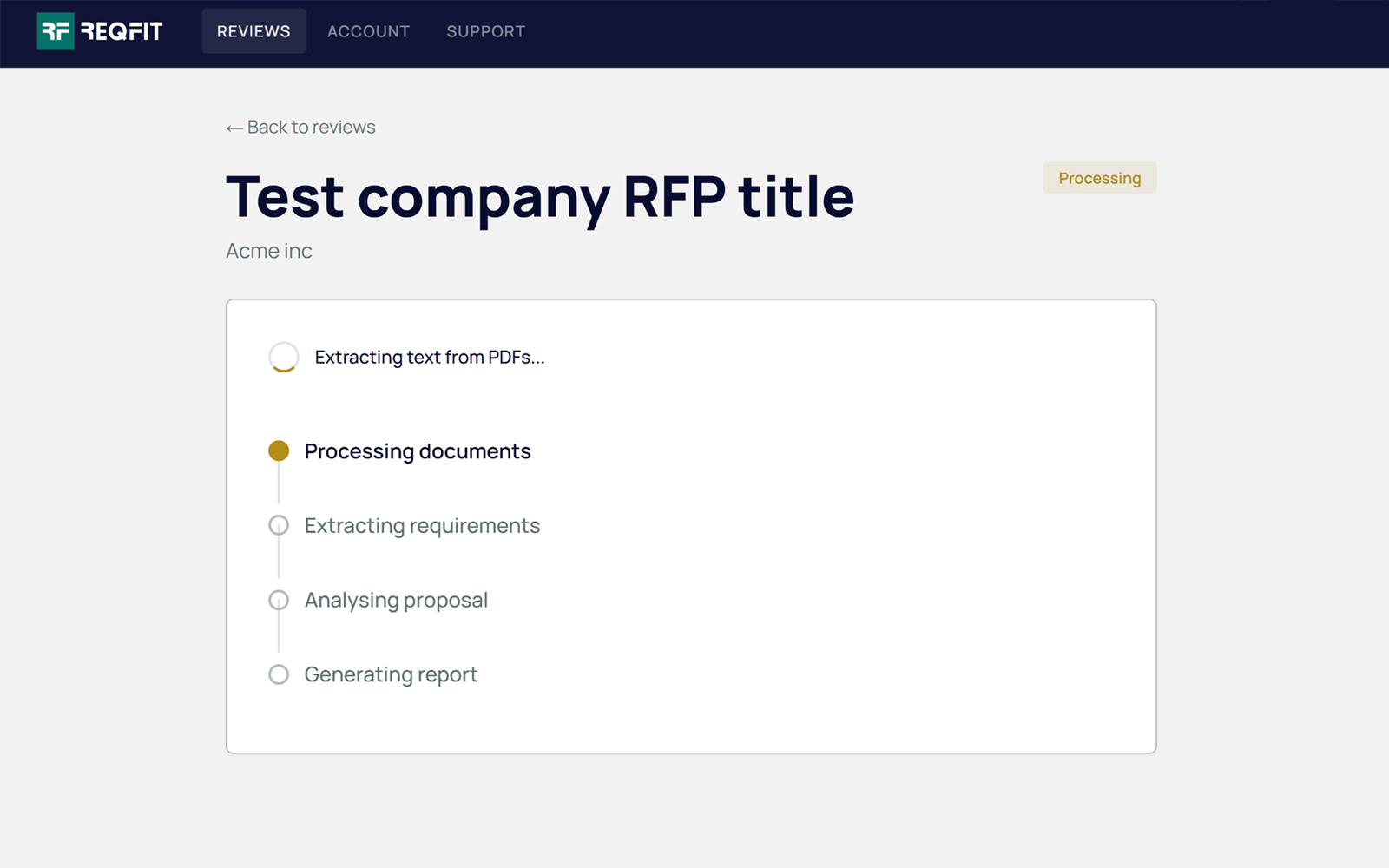 ReqFit processing screen showing the AI pipeline running.
