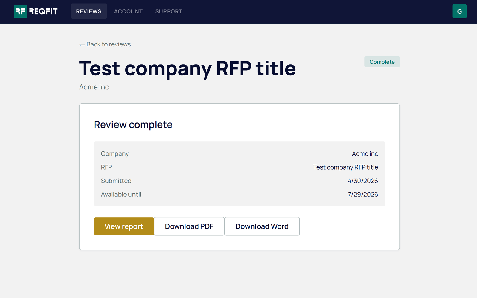 ReqFit completed review with options to view the report online, download as PDF, or download as Word.